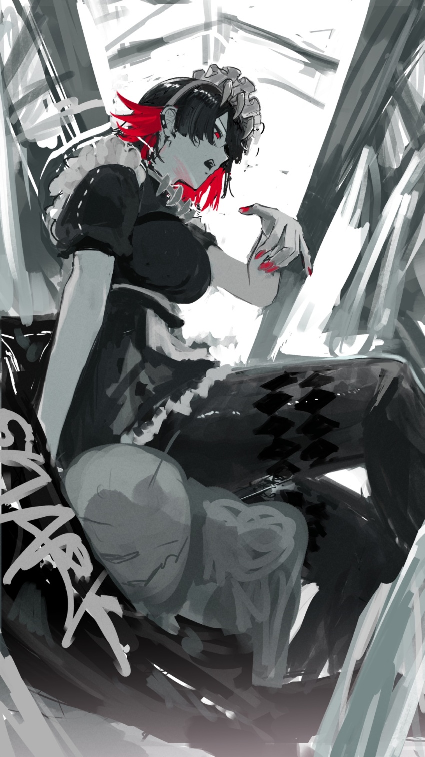 1girl 1other apron black_hair breasts colored_inner_hair dress ellen_joe fins fish_tail greyscale highres maid_apron maid_headdress monochrome multicolored_hair nail_polish open_mouth pantyhose partially_colored red_eyes red_nails sanshoku_dango_(shukosuko) shark_girl shark_tail short_sleeves sitting sitting_on_person tail zenless_zone_zero