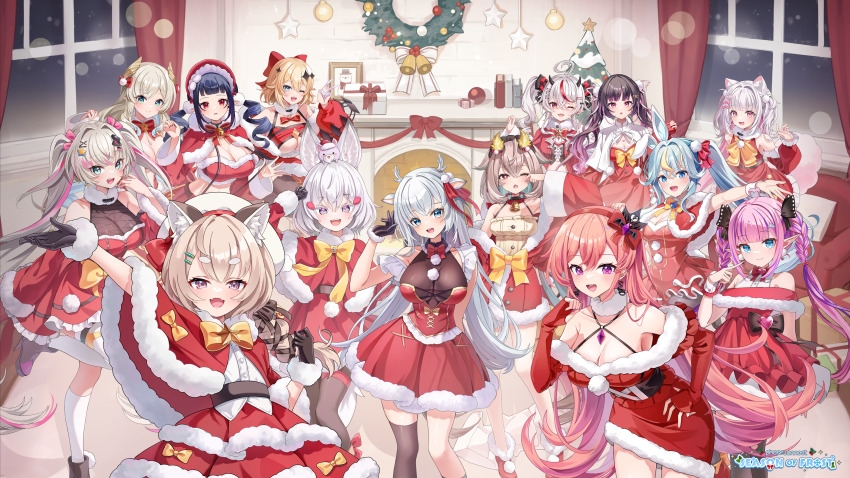 6+girls absurdres animal_ear_fluff animal_ears antlers artist_request asymmetrical_legwear bell black_gloves black_hair blonde_hair blue_eyes bow bowtie box braid breasts brown_hair buttons capelet christmas_ornaments christmas_tree christmas_wreath cleavage collarbone curtains deer_antlers deer_ears deer_girl dizzy_dokuro dog_ears dog_girl dog_tail dragon_girl dragon_horns dress fake_animal_ears fireplace fox_ears fox_girl fur-trimmed_capelet fur-trimmed_dress fur-trimmed_gloves fur_trim gift gift_box gloves gram_pico grey_hair hair_bow hair_ornament hair_ribbon hakushika_iori hat heart highres hikanari_hina himemiya_rie horns kaminari_clara kaneko_lumi kneehighs kokoromo_memory komachi_panko leaning_forward logo midriff multiple_girls navel neck_bell official_art one_eye_closed open_mouth pantyhose phase_connect picture_frame pink_hair pink_ribbon pointy_ears pom_pom_(clothes) pom_pom_hair_ornament purple_eyes rabbit_ears red_bow red_bowtie red_capelet red_eyes red_hair red_panda_ears red_panda_girl red_skirt remilia_nephys ribbon rinkou_ashelia rubbing_eyes runie_ruse santa_costume santa_dress santa_hat see-through_cleavage see-through_clothes skirt sleeves_past_wrists socks star_(symbol) star_hair_ornament suspenders tail tenma_maemi theo_(tenma_maemi) twin_braids twintails utatane_nasa v virtual_youtuber white_socks window wing_hair_ornament wreath yellow_bow
