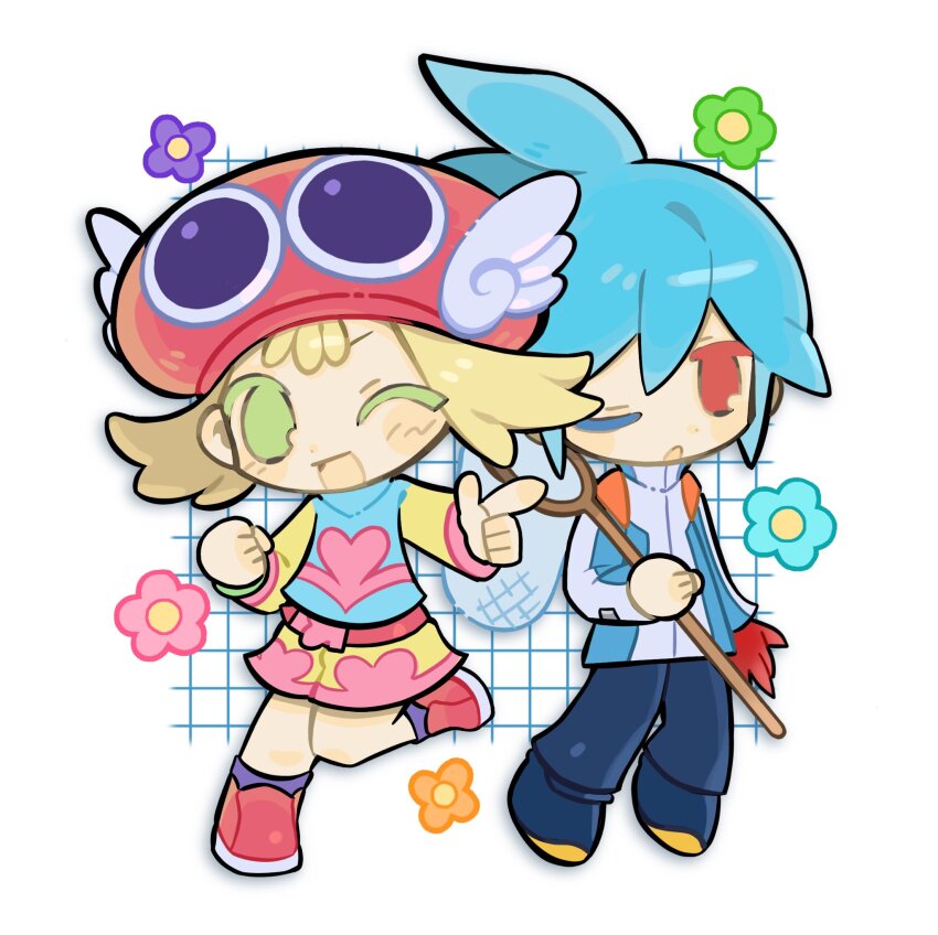 1boy 1girl ahoge amitie_(puyopuyo) blonde_hair blue_footwear blue_hair blue_pants blush butterfly_net character_hat chibi flower full_body green_eyes hand_net hat highres holding holding_butterfly_net jacket jsjefff looking_at_viewer one_eye_closed open_mouth pants pointing pointing_at_viewer purple_socks puyo_(puyopuyo) puyopuyo puyopuyo_fever puyopuyo_fever_2 red_eyes red_footwear red_hat shirt short_hair shorts sig_(puyopuyo) smile socks standing standing_on_one_leg wing_hat_ornament