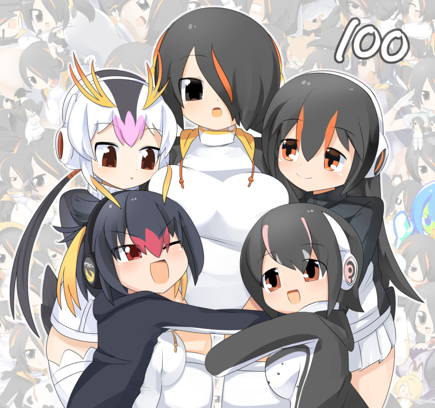 5girls bird_tail black_hair black_jacket blonde_hair blush breasts brown_eyes closed_mouth commentary_request cowboy_shot emperor_penguin_(kemono_friends) gentoo_penguin_(kemono_friends) hair_between_eyes hair_over_one_eye headphones highres hug humboldt_penguin_(kemono_friends) jacket kemono_friends large_breasts lets0020 long_bangs long_hair looking_at_another low_twintails medium_breasts multicolored_hair multiple_girls numbered one-piece_swimsuit one_eye_closed open_mouth orange_eyes orange_hair penguins_performance_project_(kemono_friends) pink_hair pleated_skirt red_eyes red_hair rockhopper_penguin_(kemono_friends) royal_penguin_(kemono_friends) short_hair skirt smile streaked_hair swimsuit tail thighhighs twintails white_hair white_one-piece_swimsuit white_skirt white_thighhighs
