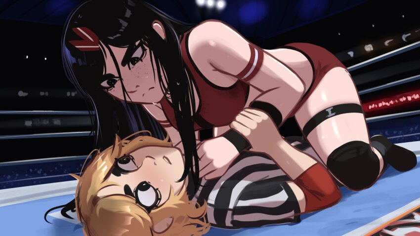 2girls absurdres annoyed black_eyes black_hair blonde_hair blush buruma clothes_grab collar_grab crowd elbow_sleeve eye_contact freckles girl_on_top grabbing_another&#039;s_arm hair_flowing_over hair_ornament hairclip highres jessie_(veyonis) kadence_(veyonis) knee_pads long_hair looking_at_another messy_hair multiple_girls neckwear_grab nervous on_floor original parted_lips red_buruma red_sports_bra referee skindentation sports_bra stadium straddling sweat thighs veyonis wrestling wrestling_outfit wrestling_ring