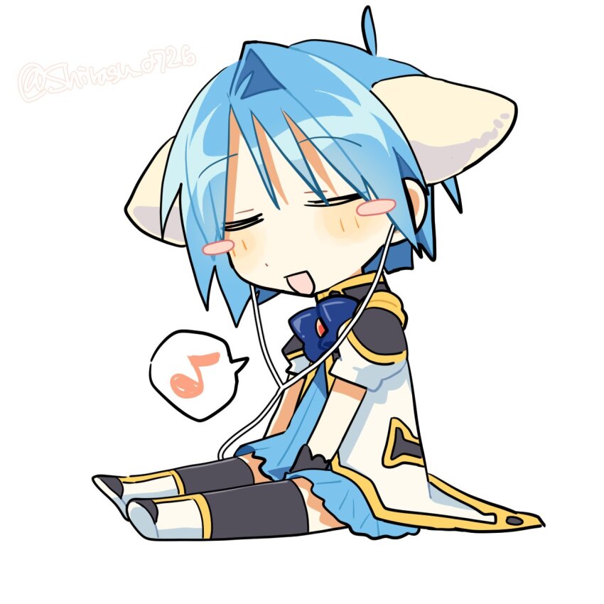 1girl angel_wing_uniform animal_ears black_thighhighs blue_bow blue_dress blue_hair blush_stickers bow brooch closed_eyes dress earphones extra_ears galaxy_angel highres jacket jewelry listening_to_music military_uniform mint_blancmanche musical_note nm_shirasu open_mouth puffy_short_sleeves puffy_sleeves rabbit_ears short_hair short_sleeves sitting solo spoken_musical_note thighhighs twitter_username white_background white_jacket