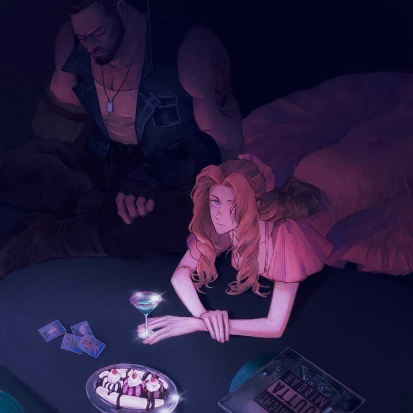 1boy 1girl aerith_gainsborough banana barret_wallace beard black_gloves boots braid braided_ponytail brown_vest card cherry closed_eyes cloud_strife cocktail_glass cup dark-skinned_male dark_skin dog_tags dress drinking_glass facial_hair final_fantasy final_fantasy_vii final_fantasy_vii_rebirth final_fantasy_vii_remake fingerless_gloves food frilled_sleeves frills fruit gloves green_eyes highres ice_cream indian_style long_dress long_hair looking_at_viewer lying mi_(scissortropical) on_stomach parted_bangs pink_dress playing_card prosthesis prosthetic_arm queen&#039;s_blood short_hair short_sleeves shoulder_tattoo sidelocks single_braid sitting straight_outta_compton sundae tattoo very_short_hair vest wavy_hair