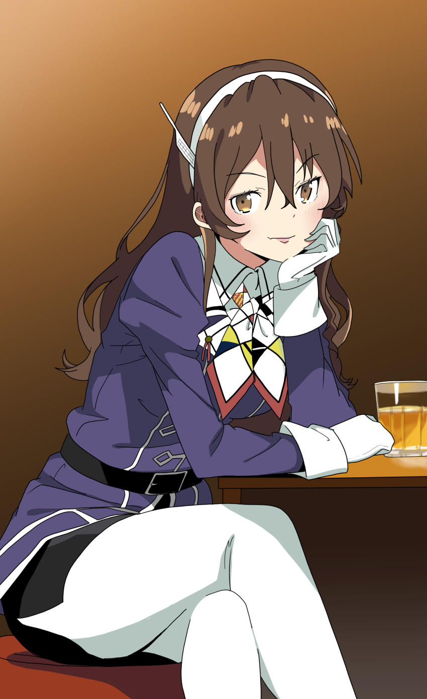 1girl absurdres ashigara_(kancolle) ashigara_kai_ni_(kancolle) brown_eyes brown_hair crossed_legs cup drinking_glass feet_out_of_frame gloves hairband hand_on_own_chin highres jacket kantai_collection long_hair long_sleeves looking_at_viewer military_uniform multicolored_neckerchief natsuta_kousuke neckerchief pantyhose pencil_skirt print_neckerchief purple_jacket skirt solo table wavy_hair white_gloves white_hairband white_pantyhose