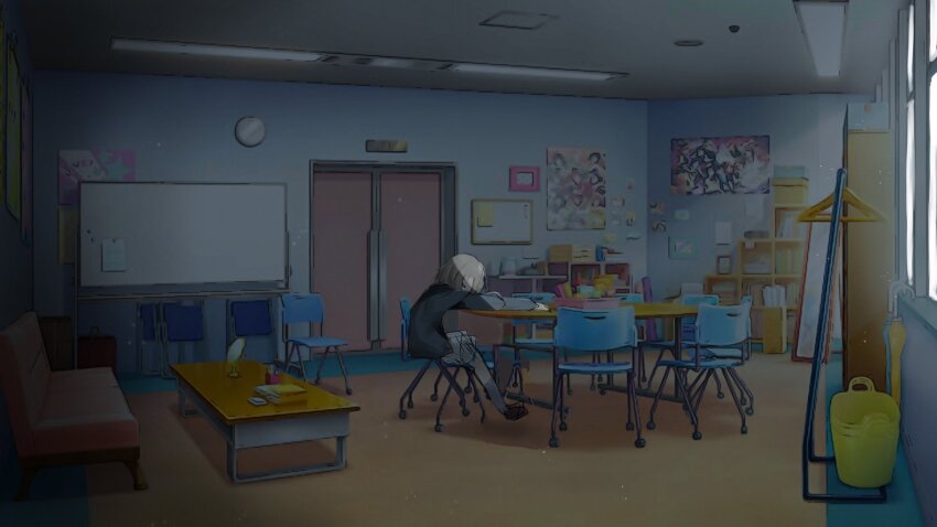 1girl black_jacket chair clubroom commentary_request game_screenshot_background grey_hair highres in-universe_location jacket lonely long_sleeves love_live! love_live!_nijigasaki_high_school_idol_club love_live!_school_idol_festival_all_stars miniskirt nakasu_kasumi nijigasaki_school_uniform on_chair pleated_skirt poster_(object) school_uniform screenshot_background short_hair sitting skirt solo syoma_(1026syoma) white_skirt whiteboard winter_uniform