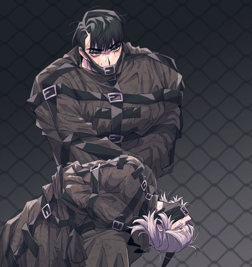 1boy 1girl black_hair blue_eyes brown_coat chain-link_fence coat e.g.o_(project_moon) faust_(project_moon) fence forsaken_murderer gag green_eyes highres leaning_back library_of_ruina limbus_company long_sleeves meursault_(project_moon) nyak_138 project_moon regret_(e.g.o) short_hair sitting straitjacket white_hair