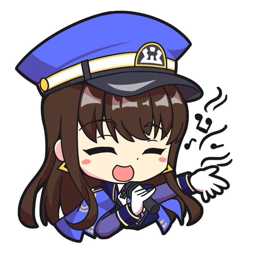1girl :d absurdres blue_jacket blue_necktie blush brown_hair chibi closed_eyes collared_shirt diesel_(nikke) doraneco_mas earrings gloves goddess_of_victory:_nikke hair_between_eyes hat highres jacket jacket_on_shoulders jewelry long_hair military_hat military_jacket military_uniform music musical_note necktie open_clothes open_jacket open_mouth peaked_cap shirt sidelocks singing smile solo striped_necktie triangle_earrings white_gloves white_shirt