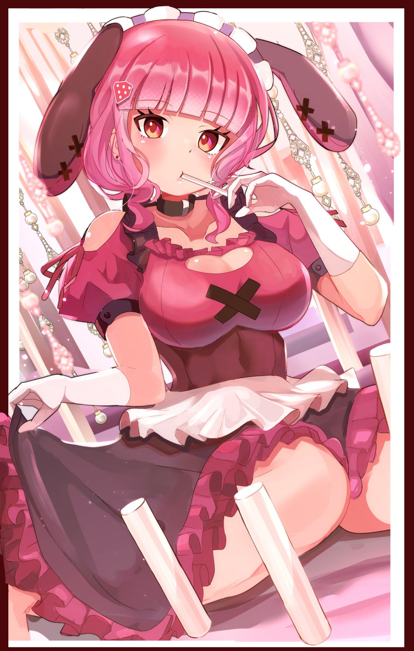 1girl animal_ears blunt_bangs bob_cut border breasts candy cleavage cleavage_cutout clothes_pull clothing_cutout collarbone dress dress_pull earrings elbow_gloves eyelashes fake_animal_ears floating_hair food frilled_dress frills gloves hairband highres holding holding_candy holding_food holding_lollipop jewelry large_breasts lollipop medium_hair original pink_dress pink_hair pink_ribbon puffy_short_sleeves puffy_sleeves red_border red_earrings red_pupils ribbon short_dress short_sleeves shoulder_cutout shoulder_ribbon sidelocks sitting stud_earrings umiru wariza white_border white_gloves x