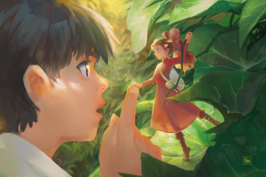 1boy 1girl absurdres arrietty black_hair drawing eye_contact from_side highres huge_filesize karigurashi_no_arrietty long_hair looking_at_another mini_person minigirl nham_nguyen open_mouth painterly painting_(action) plant ponytail red_hair shou_(karigurashi_no_arrietty) vines