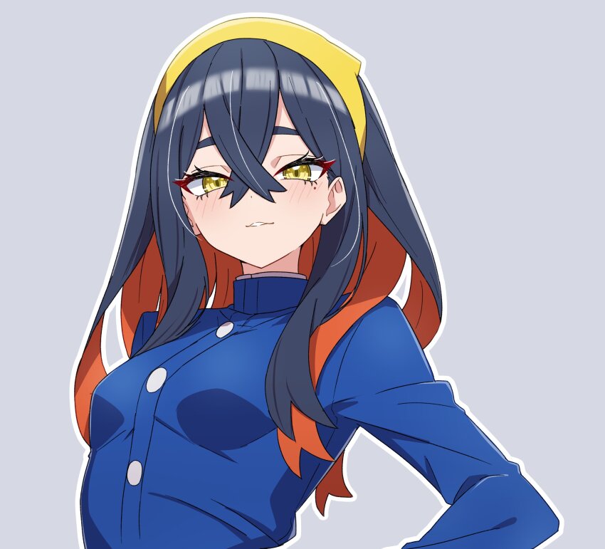 1girl black_hair blue_jacket blush carmine_(pokemon) colored_inner_hair crossed_bangs eyelashes hair_between_eyes hairband highres jacket kamidan long_hair long_sleeves looking_at_viewer mole mole_under_eye multicolored_hair nintendo pokemon pokemon_sv red_hair two-tone_hair yellow_eyes yellow_hairband
