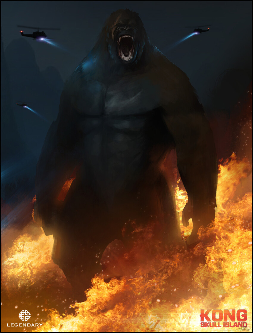 1boy aircraft animal ape commentary davepaget english_commentary fangs fire giant giant_monster gorilla helicopter highres kaiju king_kong king_kong_(series) kong:_skull_island kong_(monsterverse) legendary_pictures light monster monsterverse movie_poster muscular open_mouth oversized_animal roaring sharp_teeth solo_focus standing teeth title