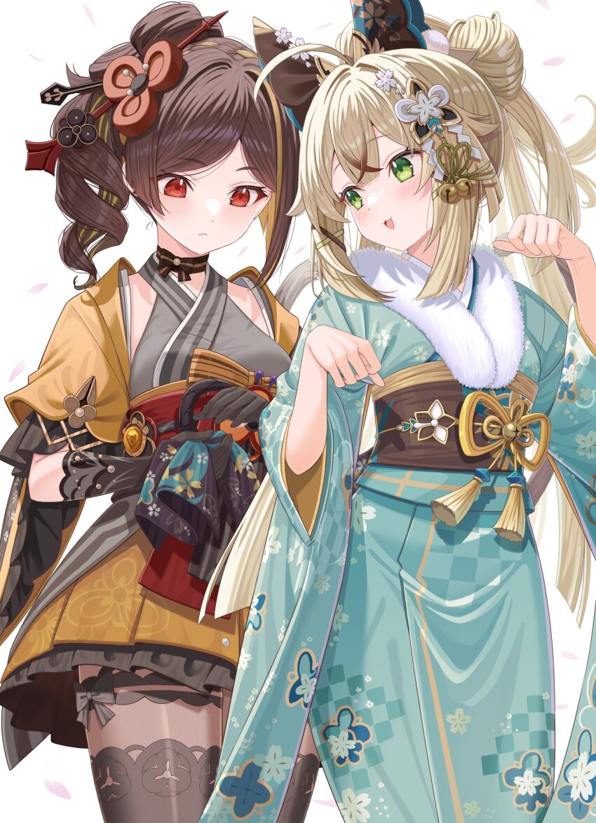 2girls :d bell black_bow black_bowtie black_gloves black_sash black_thighhighs blonde_hair blue_kimono blush bow bowtie breasts brown_gemstone brown_hair chiori_(genshin_impact) closed_mouth commentary_request drill_hair frown fur-trimmed_kimono fur_trim gem genshin_impact geo_symbol_(genshin_impact) gloves green_eyes grey_kimono hair_bell hair_bun hair_ornament hands_up highres japanese_clothes jingle_bell kimono kirara_(genshin_impact) kirara_(post_office)_(genshin_impact) long_hair long_sleeves looking_at_another medium_breasts multicolored_hair multiple_girls obi open_mouth paw_pose red_eyes sash short_sleeves skirt smile streaked_hair tassel thighhighs tsukimi_yaya vision_(genshin_impact) white_background wide_sleeves yellow_skirt
