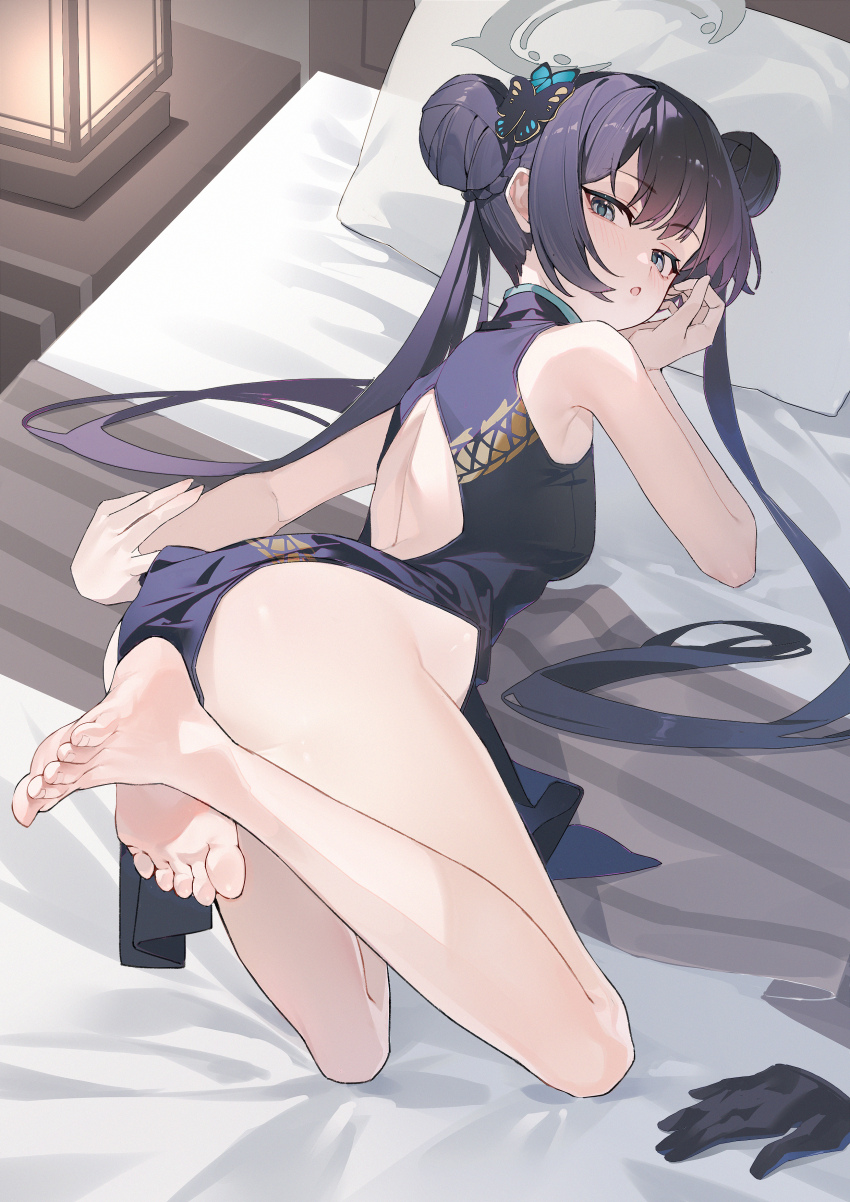1girl absurdres ass back balcony bare_shoulders barefoot black_gloves blue_archive blue_eyes breasts china_dress chinese_clothes double_bun dragon_print dress feet gloves hair_bun halo highres kisaki_(blue_archive) long_hair looking_at_viewer lushi_jin_up lying on_bed on_stomach open_mouth pillow sleeveless sleeveless_dress small_breasts soles solo toes twintails unworn_gloves variant_set
