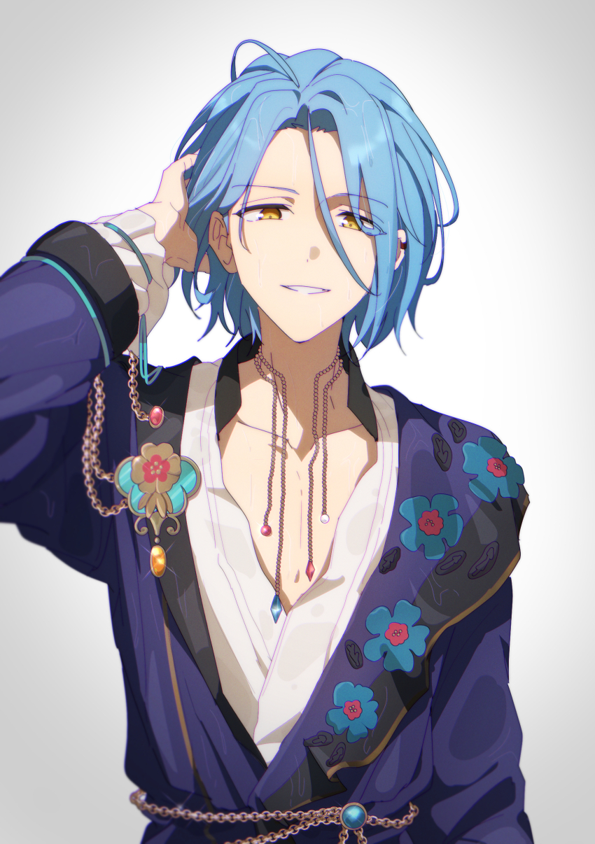 10gerine 1boy absurdres anime_coloring arm_at_side bishounen blue_hair chain_belt collarbone curtained_hair downturned_eyes ensemble_stars! gradient_background grey_background hair_between_eyes hand_in_own_hair hand_up highres himeru_(ensemble_stars!) jacket jewelry kimono_collar lapel_pin layered_sleeves light_smile long_sleeves low_neckline male_focus necklace open_clothes open_jacket parted_lips pectoral_cleavage pectorals purple_jacket radial_gradient_background shirt solo split_mouth straight-on teeth upper_body white_shirt yellow_eyes