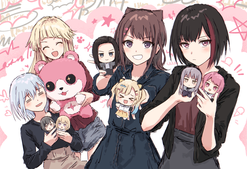 &gt;:) &gt;_&lt; 4girls :3 :d =_= ^_^ bang_dream! bang_dream!_it&#039;s_mygo!!!!! bang_dream!_mugendai_mewtype black_dress black_hair black_jacket black_shirt blonde_hair blue_hair brown_eyes brown_skirt character_doll chibi chibigurumi closed_eyes closed_mouth collared_dress commentary cone_hair_bun cowboy_shot doll double_bun dress expressionless gradient_hair grey_hair grey_shirt grey_shorts grey_skirt grin hair_bun hair_ornament hairclip hashtag-only_commentary highres holding holding_doll holding_stuffed_toy jacket jitome kurata_mashiro long_hair looking_at_viewer maruyama_aya medium_hair michelle_(bang_dream!) minato_yukina misumi_uika mitake_ran multicolored_hair multiple_girls nakamachi_arale open_clothes open_jacket open_mouth pink_background pink_eyes pink_hair purple_eyes red_hair red_shirt shirt short_hair short_shorts shorts sidelocks skirt sleeveless sleeveless_shirt sleeves_pushed_up smile standing star_(symbol) star_hair_ornament star_symbol_background streaked_hair stuffed_animal stuffed_toy takamatsu_tomori teddy_bear three-quarter_sleeves toyama_kasumi trait_connection tsurumaki_kokoro v-shaped_eyebrows virtual_youtuber wakana_rei wavy_mouth white_shirt x3 xd yukitake_(xuserpost)