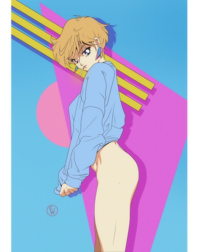 1990s_(style) 1girl absurdres blonde_hair blue_hoodie bottomless cigarette earrings fritz_willie highres hood hoodie jewelry naked_hoodie original retro_artstyle short_hair simple_background smoke solo