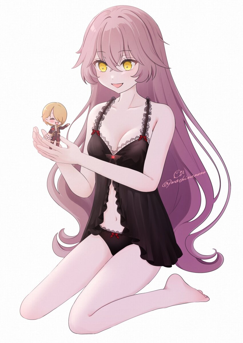 1girl absurdres black_panties breasts character_doll charlotta_skopovskaya collarbone doll grey_hair heaven_burns_red highres holding kayamori_ruka long_hair mochinemono navel panties revealing_clothes sitting solo underwear wariza yellow_eyes