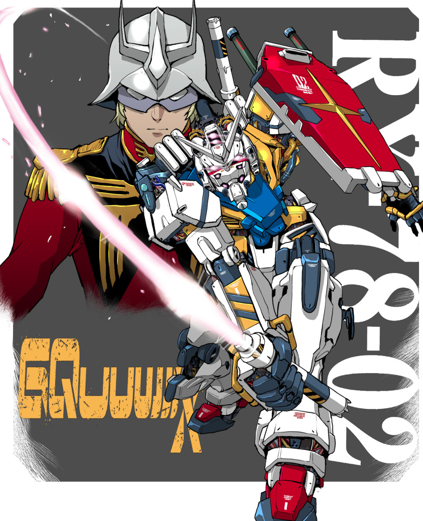 1boy blonde_hair char_aznable gundam gundam_gquuuuuux helmet highres long_sleeves looking_at_viewer male_focus mask mecha military military_uniform mobile_suit_gundam parody robot rx-78-2_gundam science_fiction shield short_hair sword takuma_tomomasa weapon zeon