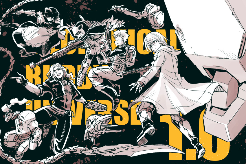 2boys 3girls android apron blau_(mechanical_buddy_universe) coat diva_duo_(mechanical_buddy_universe) girly_boy gloves gun hair_between_eyes hawkeyes_(mechanical_buddy_universe) highres holding holding_gun holding_weapon hood jacket joints kato_takuji long_hair long_skirt long_sleeves maid maid_apron maid_headdress mechanical_buddy_universe monochrome mother_and_son multiple_boys multiple_girls overcoat power_suit queenie_(mechanical_buddy_universe) rifle robot_joints scar scar_on_face science_fiction short_hair shorts shu_(mechanical_buddy_universe) skirt sniper_rifle tactical_clothes wavy_hair weapon