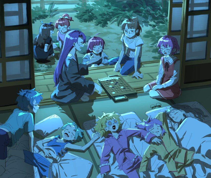 1boy 6+girls absurdres ahoge blonde_hair blue_hair blue_pants board_game braid brother_and_sister brown_hair closed_eyes crossdressing dorothy_west futon gamja5126 glasses go_(board_game) highres hojo_sophy idol_time_pripara japanese_clothes kimono koda_michiru kurosu_aroma long_hair manaka_laala manaka_laala_(normal) messy_sleeper minami_mirei minami_mirei_(normal) multiple_girls night nijiiro_nino on_floor open_mouth pajamas pants pink_hair pink_pajamas ponytail pretty_series pripara purple_hair reona_west shiratama_mikan shirt short_hair siblings side_braid sitting sleep_mask sleeping sleepover sliding_doors smile tatami toudou_shion trap twins unworn_eyewear veranda yumekawa_yui