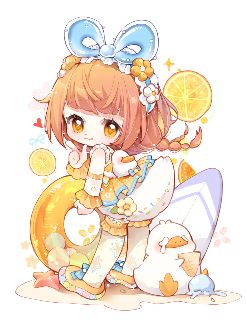 1girl :q absurdres animal_bag backpack bag balloon balloon_trip_(infinity_nikki) bare_shoulders bird blue_bow blue_hairband blunt_bangs bow braid brown_hair chibi chinese_commentary closed_mouth commentary_request dot_nose dress duck duck_tail eyelashes fake_tail finger_gun floating_hair flower flower_hairband food food_print footwear_bow frilled_arm_warmers frilled_hairband frilled_thigh_strap frills fruit hairband happy heart highres holding holding_ice_cream_cone holding_swim_ring ice_cream ice_cream_cone infinity_nikki innertube lemon lemon_slice light_blush light_particles long_hair looking_at_viewer loose_hair_strand low_twin_braids miniskirt nikki_(series) nuli_de_chengzhi_er orange_dress orange_eyes orange_flower orange_shoes pom_pom_(clothes) sand see-through_arm_warmers see-through_clothes shoes short_dress simple_background skirt skirt_under_dress sleeveless sleeveless_dress smile solo sparkle sprinkles standing star_(symbol) star_print starfish surfboard swim_ring tail tareme thigh_strap thighhighs tongue tongue_out twin_braids white_arm_warmers white_background white_bag white_flower white_skirt yellow_thighhighs