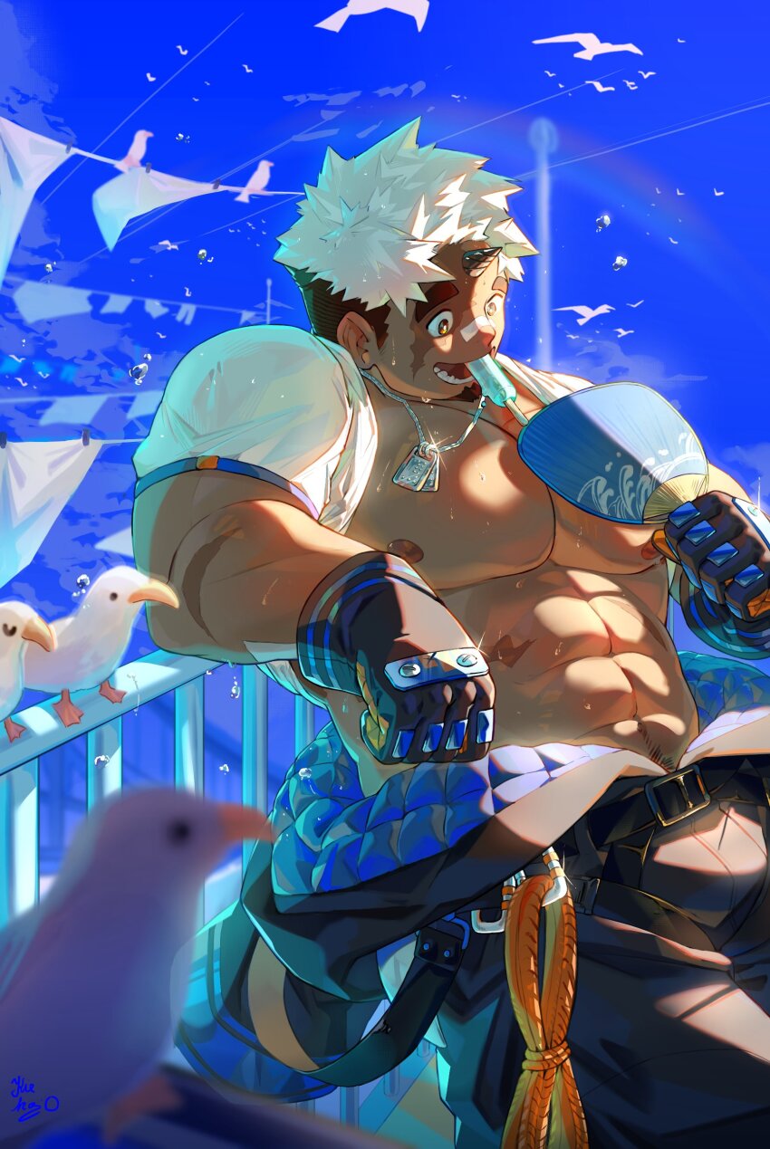 absurdres akiha_gongen_(housamo) bird black_gloves blue_sky dark_skin dog_tags facial_hair fence food gloves goatee hand_fan highres kiekoio laundry_pole paper_fan popsicle rainbow rope scar scar_on_face seagull sky sweat tokyo_houkago_summoners water_drop white_hair