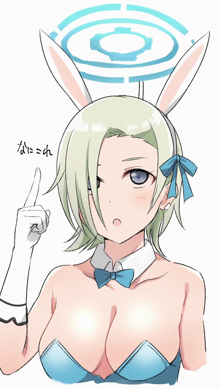 1girl alternate_costume animal_ears asuna_(blue_archive) asuna_(blue_archive)_(cosplay) asuna_(bunny)_(blue_archive) blue_archive blue_eyes blue_leotard cosplay elbow_gloves fake_animal_ears gloves hair_over_one_eye highres leotard looking_at_viewer love_live! love_live!_nijigasaki_high_school_idol_club mia_taylor playboy_bunny rabbit_ears solo translated wewe white_gloves