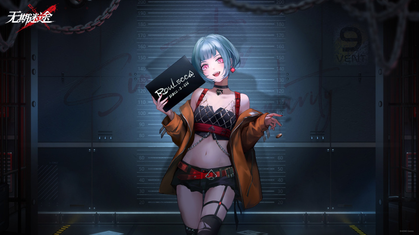 1girl :d against_wall bare_shoulders belt black_choker black_shorts black_tank_top black_thighhighs blue_hair blunt_bangs bob_cut chain character_name choker coin copyright_name cowboy_shot crop_top cube_earrings flat_chest garter_straps head_tilt heart heart_choker height_mark highres holding holding_sign indoors jacket logo long_sleeves looking_at_viewer mugshot navel off_shoulder official_art official_wallpaper open_clothes open_jacket open_mouth orange_jacket path_to_nowhere pink_eyes prison_cell prison_clothes red_belt red_nails roulecca_(path_to_nowhere) short_hair short_shorts shorts sign single_garter_strap smile solo stomach tank_top teeth thighhighs torn_clothes torn_thighhighs upper_teeth_only