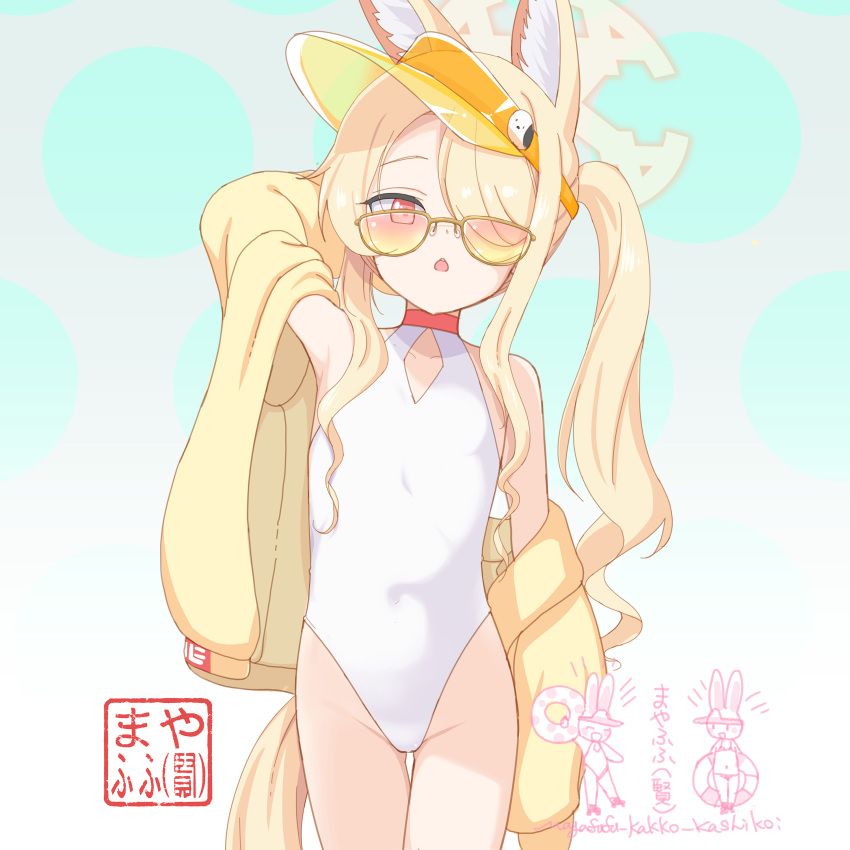 1girl absurdres animal_ear_fluff animal_ears arm_behind_head arm_up armpits bare_shoulders blonde_hair blue_archive blush breasts casual_one-piece_swimsuit choker clothing_cutout collarbone commentary_request covered_navel cowboy_shot cross_halo diamond_cutout dot_nose extra_ears flat_chest fox_ears fox_girl fox_tail gluteal_fold gradient_background grey_background groin hair_over_one_eye halo highleg highleg_one-piece_swimsuit highres jacket loli long_hair long_sidelocks long_sleeves looking_at_viewer mayafufu off_shoulder official_alternate_costume official_alternate_hairstyle one-piece_swimsuit one_eye_covered open_clothes open_jacket open_mouth parted_lips pink-tinted_eyewear red_choker red_eyes revision seia_(blue_archive) seia_(swimsuit)_(blue_archive) side_ponytail sidelocks simple_background small_breasts solo standing sunglasses swimsuit tail teeth thigh_gap thighs tinted_eyewear triangle_mouth twintails upper_teeth_only very_long_hair very_long_sidelocks visor_cap white_background white_one-piece_swimsuit yellow-tinted_eyewear yellow_halo yellow_jacket yellow_visor