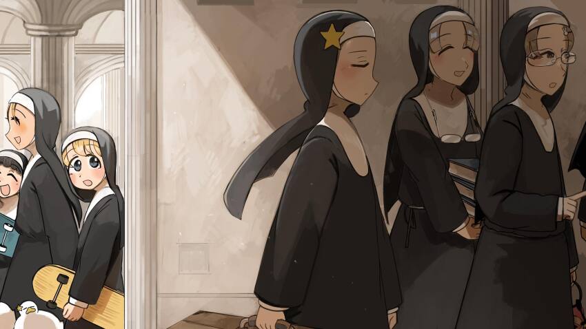 6+girls :d bird black_hair blonde_hair blue_eyes book book_stack brown_hair chicken closed_eyes clumsy_nun_(diva) commentary diva_(hyxpk) duck english_commentary eyewear_around_neck glasses glasses_nun&#039;s_aunt_(diva) grey_hair highres holding holding_book holding_skateboard little_nuns_(diva) multiple_girls nun open_mouth parted_grey_nun_(diva) skateboard smile star_nun_(diva) star_ornament traditional_nun unworn_eyewear