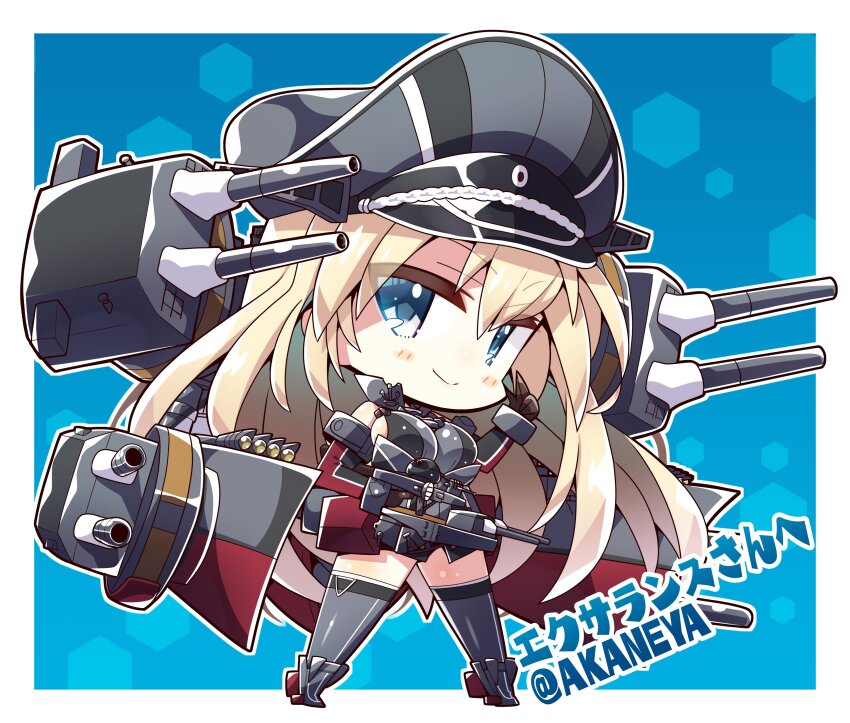 1girl absurdres akaneya bismarck_(kancolle) black_hat blonde_hair blue_background blue_eyes breasts brown_gloves chibi elbow_gloves full_body gloves hair_between_eyes hat highres holding kantai_collection large_breasts long_hair looking_at_viewer military military_hat military_uniform peaked_cap rigging second-party_source ship_turret smile solo thighhighs twitter_username very_long_hair