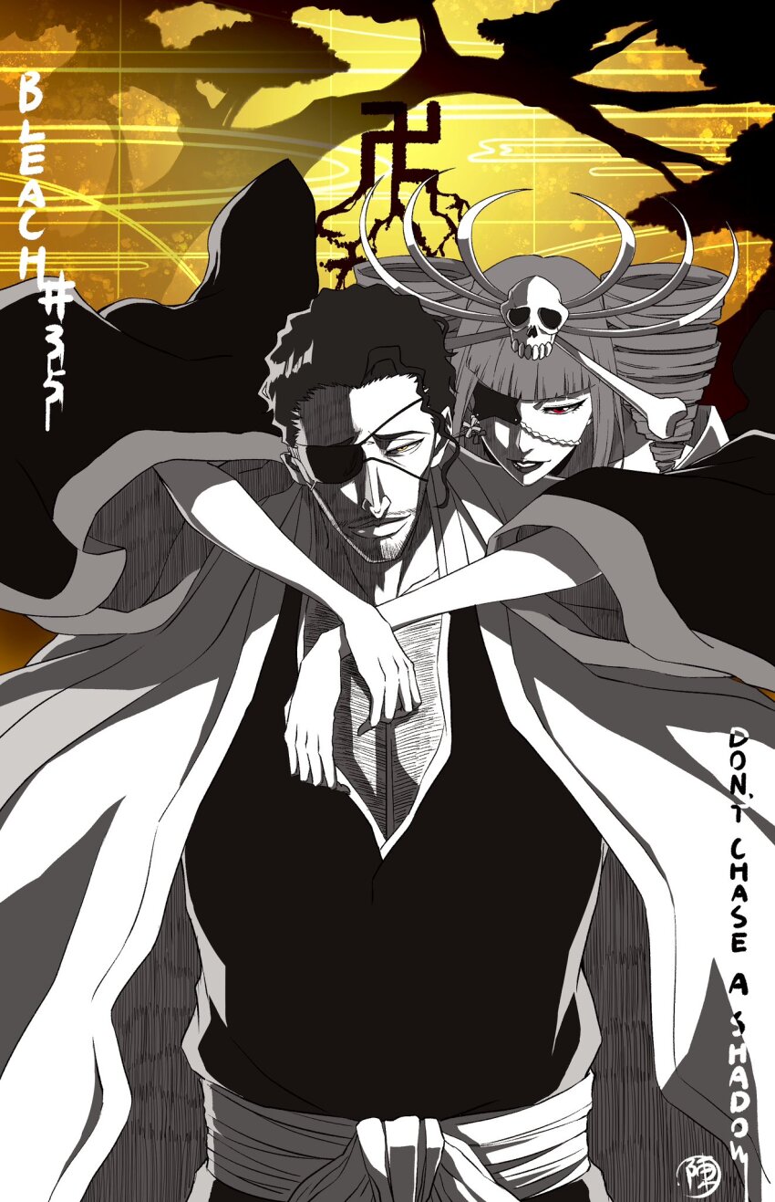 1boy 1girl 7l6cup9yzr1xu7d bankai black_kimono bleach bleach:_sennen_kessen-hen blunt_bangs bone_hair_ornament breasts brown_eyes chest_hair closed_mouth commentary_request copyright_name cowboy_shot drill_hair english_text eyepatch facial_hair floating_clothes forehead hair_ornament haori highres hug hug_from_behind japanese_clothes katen_kyoukotsu katen_kyoukotsu:_karamatsu_shinjuu kimono kyouraku_shunsui lips long_sleeves looking_at_viewer male_focus mature_male medium_breasts nose official_style one_eye_covered parted_lips red_eyes signature skull_and_crossbones skull_hair_ornament smile stubble swastika taichou_haori tsurime twin_drills wide_sleeves