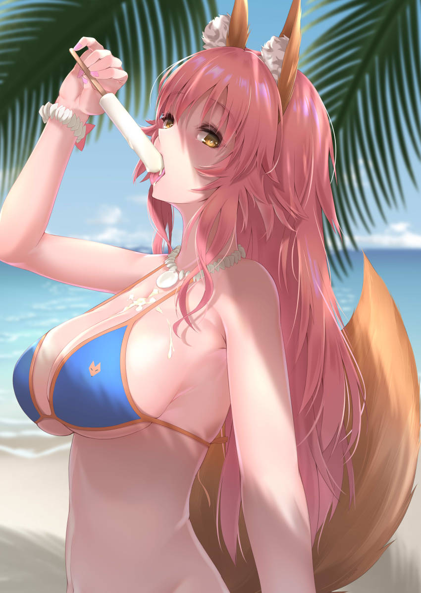1girl absurdres animal_ear_fluff animal_ears bikini blue_bikini breasts cleavage fate/extra fate/grand_order fate_(series) food food_on_body food_on_breasts fox_ears fox_girl fox_tail highres ice ice_cream kamehito large_breasts long_hair looking_at_viewer looking_to_the_side nail_polish ocean outdoors palm_leaf palm_tree palms pink_hair sexually_suggestive side-tie_bikini_bottom solo swimsuit tail tamamo_(fate) tamamo_no_mae_(fate/extra) tamamo_no_mae_(swimsuit_lancer)_(fate) tree yellow_eyes