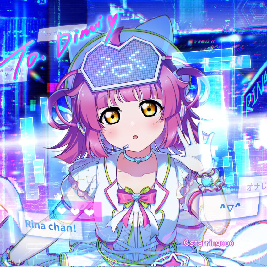 1girl :d :o ^_^ ahoge blunt_bangs blunt_ends blush character_name closed_eyes commentary_request commissioner_name cropped_jacket glitch hair_rings highres jacket kaomoji kishimen_hair looking_at_viewer love_live! love_live!_nijigasaki_high_school_idol_club medium_hair open_clothes open_jacket open_mouth pink_hair puffy_short_sleeves puffy_sleeves see-through_clothes see-through_sleeves short-sleeved_jacket short_sleeves smile solo starringooo tennoji_rina twitter_username upper_body white_jacket yellow_eyes