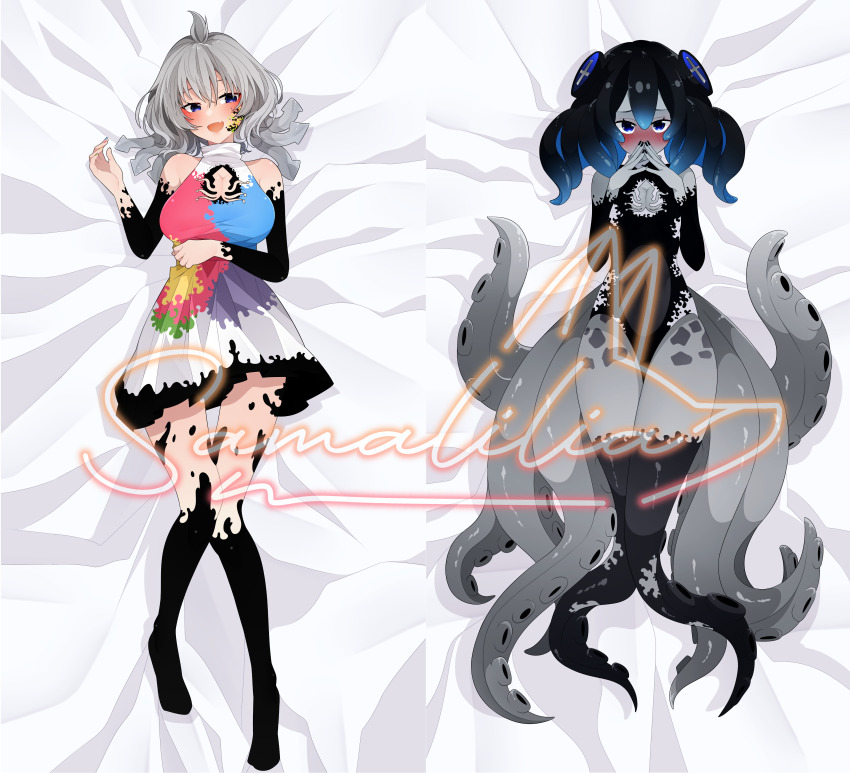 2girls absurdres black_hair blush breasts chumu_(teuthidan) cleavage cleavage_cutout clothing_cutout commission commissioner_upload dakimakura_(medium) grey_hair highres large_breasts lying medium_breasts monster_girl multiple_girls on_back original phyluma_(teuthidan) samalilia scylla shy signature tentacle_hair