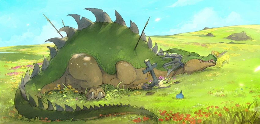 1980s_(style) 1girl dragon dragon_quest dragon_quest_i dress frilled_dress frills ghost green_dragon_(dragon_quest) headpat highres hill impaled linne_(hld_doreko) no_wings oldschool polearm princess_laura size_difference sky slime_(dragon_quest) spear tail teeth tombstone weapon