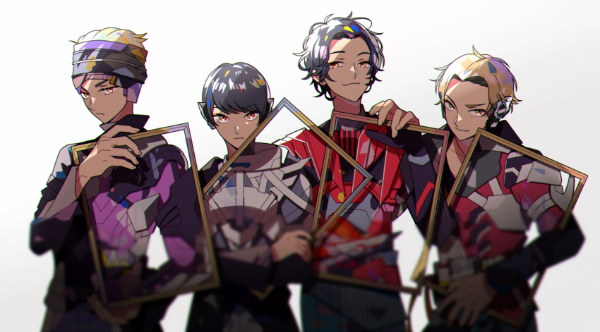 4boys android armor black_hair blonde_hair blurry blurry_foreground brown_hair headphones hito01 holding horobi_(kamen_rider_01) humagear_headphones ikazuchi_(kamen_rider_01) jacket jin_(kamen_rider_01) kamen_rider kamen_rider_01_(series) kamen_rider_horobi kamen_rider_ikazuchi kamen_rider_jin kamen_rider_naki looking_at_viewer male_focus multiple_boys naki_(kamen_rider_01) necktie pants purple_armor red_armor red_eyes rider_belt robot_ears shirt short_hair simple_background smile tokusatsu white_armor white_background yellow_eyes