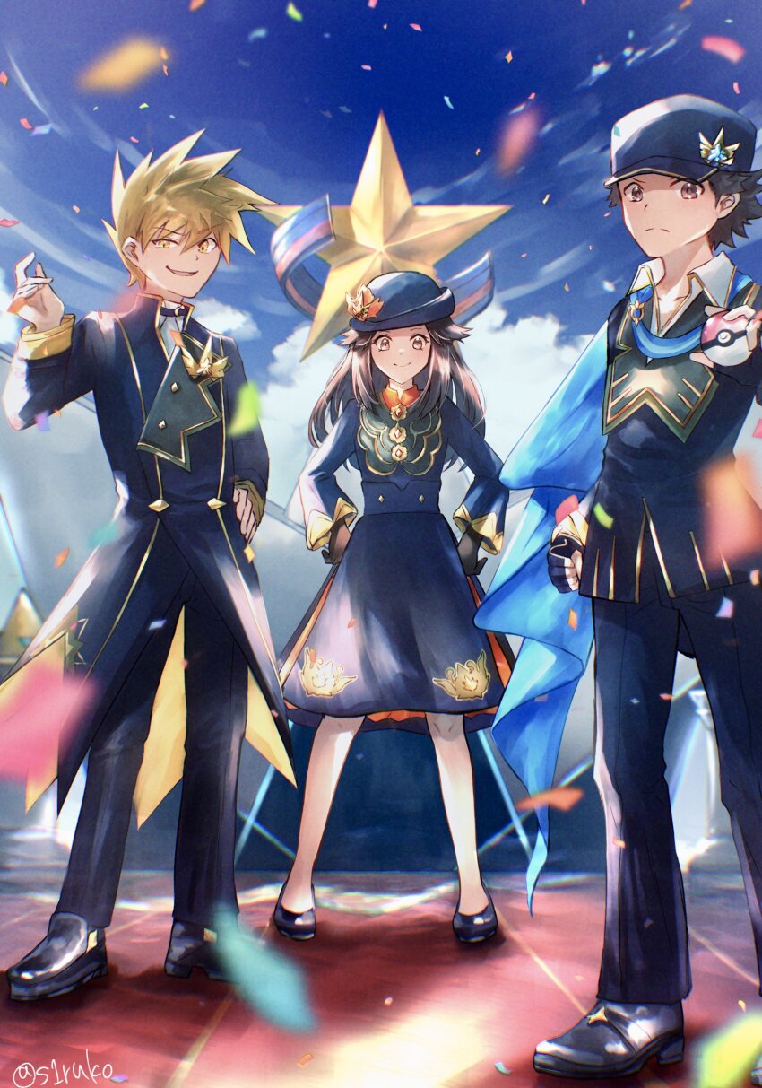 1girl 2boys absurdres black_coat black_footwear black_pants blonde_hair blue_oak blue_oak_(champion) brown_hair closed_mouth cloud coat commentary_request confetti day gloves hair_flaps hand_up hands_on_own_hips hat highres holding holding_poke_ball leaf_(champion)_(pokemon) leaf_(pokemon) long_hair long_sleeves looking_at_viewer male_focus multiple_boys nintendo official_alternate_costume outdoors pants poke_ball poke_ball_(basic) pokemon pokemon_masters_ex red_(champion)_(pokemon) red_(pokemon) shirt shiruko_(s1ruko) shoes short_hair sidelocks sky smile spiked_hair standing twitter_username