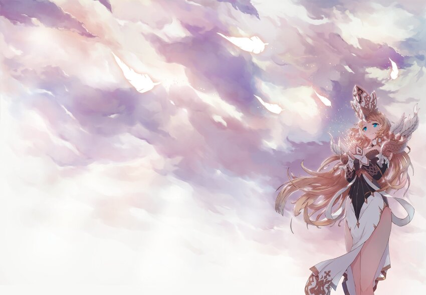 1girl artist_request black_dress blonde_hair blue_eyes breasts cloud cloudy_sky commentary commentary_request detached_sleeves dress english_commentary feathers floating_clothes floating_hair frey_(king&#039;s_raid) glowing_feather hat highres king&#039;s_raid korean_commentary long_hair medium_breasts mitre mixed-language_commentary official_art own_hands_clasped own_hands_together pelvic_curtain second-party_source sky smile solo very_long_hair white_dress white_hat wind