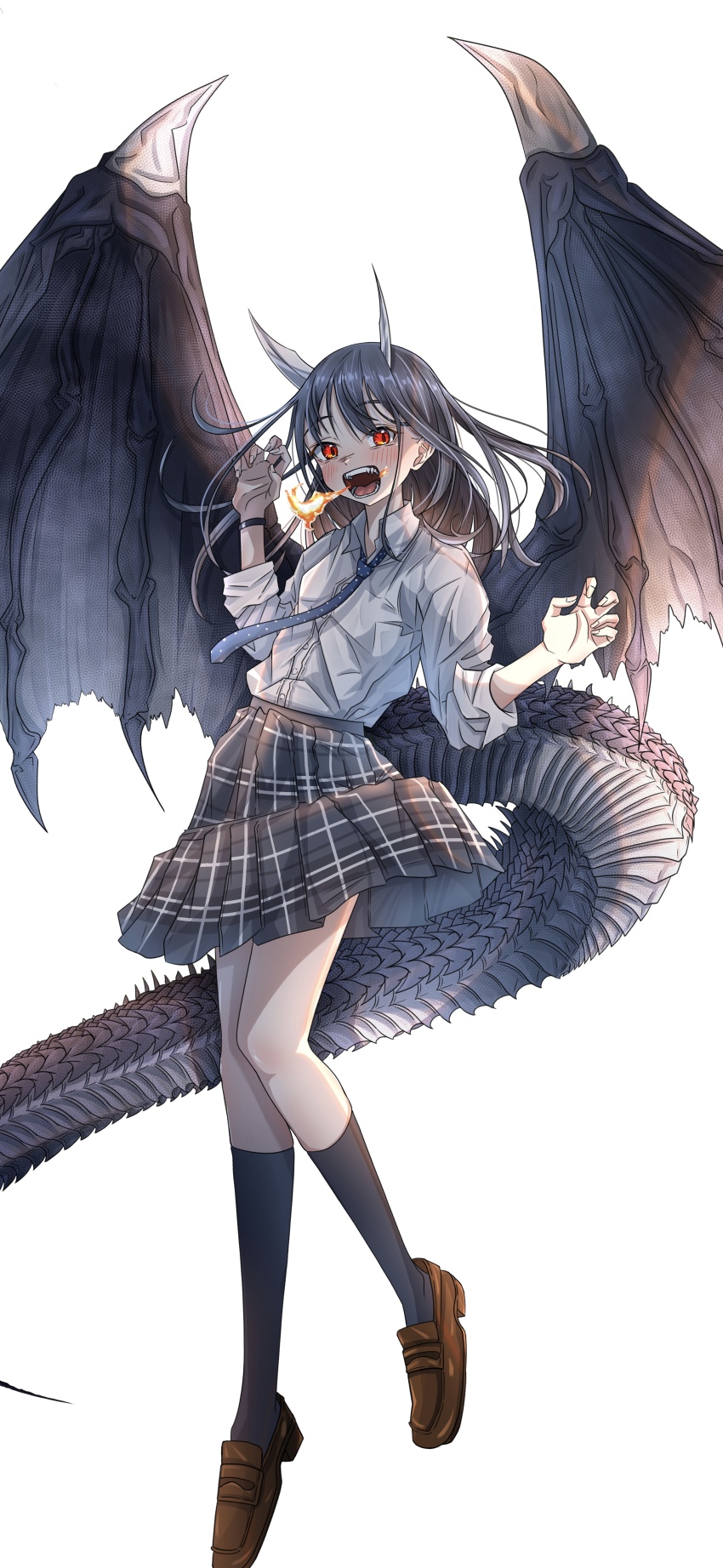 1girl absurdres aoki_ruri black_hair black_wings blue_necktie blush breath_weapon breathing_fire brown_shoes collared_shirt commentary_request dragon_girl dragon_horns dragon_tail dragon_wings eyelashes fire full_body highres horns kagura_(05410zura) loafers long_hair long_sleeves looking_at_viewer necktie open_mouth plaid_clothes plaid_skirt pleated_skirt polka_dot_necktie red_eyes ruri_dragon school_uniform sharp_teeth shirt shoes sidelocks simple_background skirt sleeves_rolled_up slit_pupils solo standing swept_bangs tail teeth white_background white_shirt wings