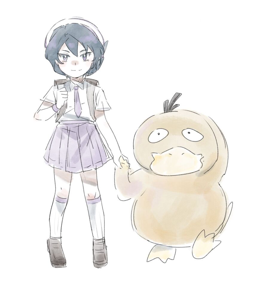 1girl aged_down beret bright_pupils brown_footwear closed_mouth collared_shirt commentary_request gen_1_pokemon hat highres holding_hands holding_strap maxwell_yaochu necktie nintendo onia_(pokemon) pleated_skirt pokemon pokemon_(anime) pokemon_(creature) pokemon_horizons psyduck purple_necktie purple_skirt ribbed_socks school_uniform shirt shoes short_sleeves skirt smile socks split_mouth standing white_headwear white_shirt white_socks
