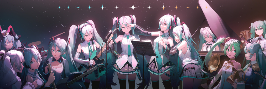 25-ji_miku 6+girls absurdres aqua_eyes aqua_nails aqua_necktie black_skirt black_thighhighs closed_eyes commentary_request cowboy_shot detached_sleeves dress electric_guitar gramophone_miku guitar hand_on_own_hip hat hatsune_miku hatsune_miku_(nt) hatsune_miku_(vocaloid3) hatsune_miku_(vocaloid4) hatsune_miku_(vocaloid4)_(chinese) highres instrument long_hair looking_at_another ly.t magical_mirai_(vocaloid) magical_mirai_miku magical_mirai_miku_(2019) microphone_stand miku_symphony_(vocaloid) multiple_girls music necktie piapro_studio playing_instrument pleated_skirt project_sekai shirt skirt sleeveless sleeveless_shirt smile standing strapless strapless_dress thighhighs tie_clip top_hat twintails v4x very_long_hair vocaloid yyb_model_(mikumikudance) white_dress white_shirt yuki_miku yuki_miku_(2020)