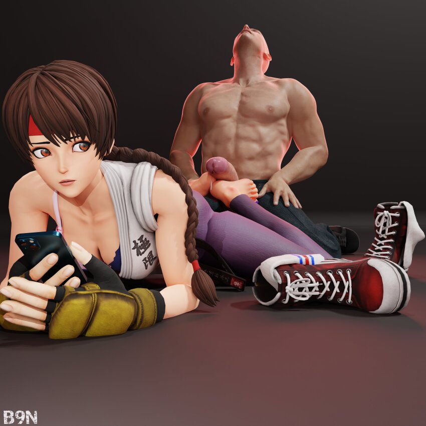 1girl absurdres ass b9n b9n_labs barefoot between_legs braid braided_ponytail breasts brown_eyes brown_hair cum dougi erection feet female_focus footjob from_behind gloves hairband headband highres huge_ass huge_penis karate_gi large_breasts leggings legs_up long_hair looking_back lying masturbation on_stomach pale_skin pants penis phone ponytail shoes sneakers socks the_king_of_fighters thick_thighs thighs top-down_bottom-up undressing unworn_shoes wide_hips yoga_pants yuri_sakazaki