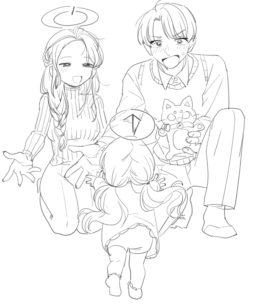 1boy 2girls absurdres aged_up baby baby_step blue_archive blush braid family father_and_daughter greyscale halo highres hobgoblin-kim if_they_mated kneeling long_sleeves looking_at_another monochrome mother_and_daughter multiple_girls on_one_knee outstretched_arms ribbed_sweater sensei_(blue_archive) simple_background stuffed_animal stuffed_cat stuffed_toy sweater twintails walking white_background yuzu_(blue_archive)
