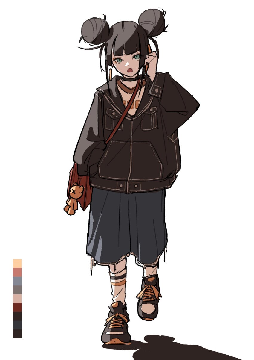 1girl bag black_hair black_shirt blunt_bangs blunt_sidelocks color_guide double_bun gaako_illust grey_eyes grey_shorts hair_bun highres holding holding_phone long_sleeves looking_at_viewer original phone shadow shirt shoes shorts shoulder_bag sidelocks sneakers solo walking