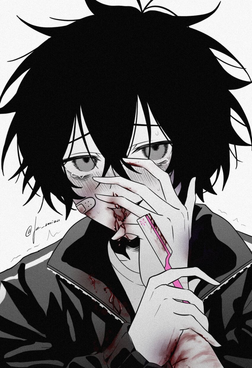 1boy antenna_hair bags_under_eyes bandaid bandaid_on_cheek bandaid_on_face blood blood_from_mouth blood_on_arm blood_on_clothes blood_on_hands blush borrowed_character commentary covering_face double-parted_bangs greyscale hair_between_eyes hand_on_own_wrist high_contrast highres imai-kun_(imai_akira) jacket je_mizu long_sleeves looking_at_viewer male_focus monochrome nose_blush original portrait self-harm shirt short_hair simple_background smile solo spot_color tearing_up tongue tongue_out white_background