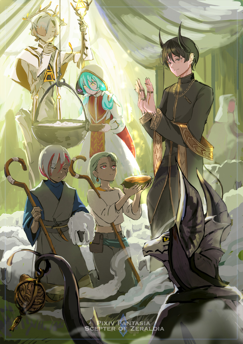 2girls 3boys aqua_hair black_hair black_horns blurry blurry_background bowl censer character_request closed_eyes copyright_name dark-skinned_male dark_skin dragon dufy_shemier faceless faceless_female fantasy green_hair guy_(pfsoz) hands_up highres holding holding_bowl holding_sheep hood horns imacomai indoors jeda_(pfsoz) jewelry karakraum_(pfsoz) knife long_sleeves multicolored_hair multiple_boys multiple_girls pixiv_fantasia pixiv_fantasia_scepter_of_zeraldia pouch red_eyes red_hair ring robe roberto_andantine shepherd&#039;s_crook sketch smoke streaked_hair white_hair yellow_eyes