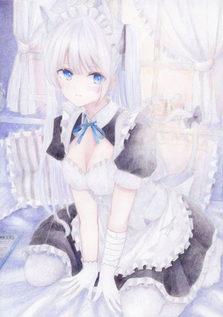 1girl animal_ears apron bandages blush breasts cat_ears cat_tail cleavage closed_mouth colored_pencil_(medium) darkkanan dress eyes_visible_through_hair frilled_apron frilled_dress frills gloves hair_between_eyes hair_ribbon highres indoors kneeling long_hair looking_at_viewer maid maid_apron maid_headdress medium_breasts original painting_(medium) ribbon seiza sidelocks sitting solo tail traditional_media twintails watercolor_(medium) white_gloves white_hair