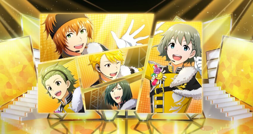 5boys ahoge black_hairband black_headband blonde_hair blue_eyes braid brown_eyes gloves green_eyes green_hair hair_between_eyes hairband headband headset highres idolmaster idolmaster_side-m idolmaster_side-m_growing_stars kiyosumi_kuro maita_rui male_focus mitarai_shouta multiple_boys official_art one_eye_closed orange_hair smile stairs teeth upper_teeth_only uzuki_makio wakazato_haruna white_gloves