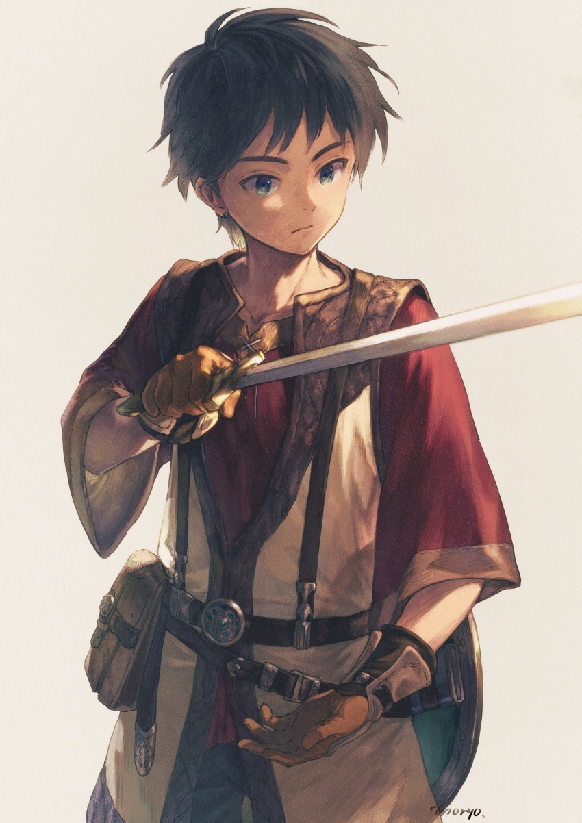 1boy absurdres black_hair blue_eyes closed_mouth commentary_request cowboy_shot fantasy feet_out_of_frame highres holding holding_sword holding_weapon looking_at_object male_focus moryo original solo standing straight-on sword weapon white_background